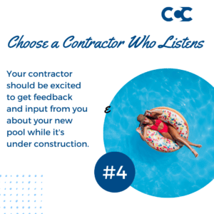 woman floating in a pool. overlaid text reads, "choose a contractor who listens: Your contractor should be excited to get feedback and input from you about your new pool while it's under construction.