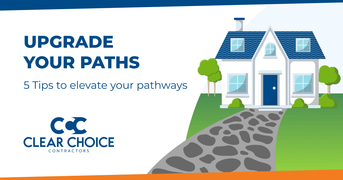 five tips to elevate your pathways. cartoon house with stone pathway leading to it. CCC logo