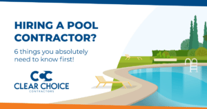 hiring a pool contractor? 6 things you absolutely need to know first. CCC logo. cartoon image of pool surrounded by path and trees
