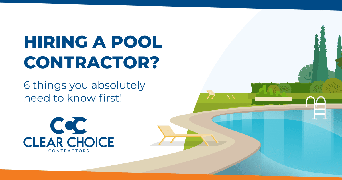 hiring a pool contractor? 6 things you absolutely need to know first. CCC logo. cartoon image of pool surrounded by path and trees