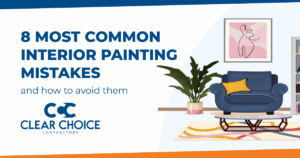 eight most common interior painting mistakes & how to avoid them. CCC logo. cartoon image of tidy living room
