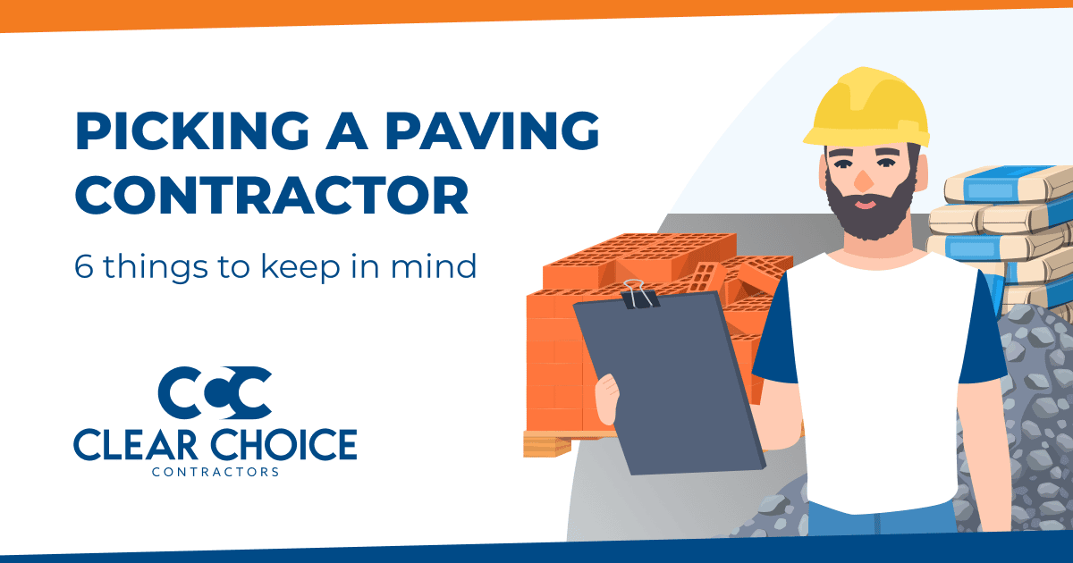 picking a paving contractor. 6 things to keep in mind. cartoon man with beard standing with clipboard in front of stacks of bricks.