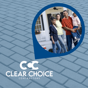 happy family over background of concrete pavers. clear choice contractors logo