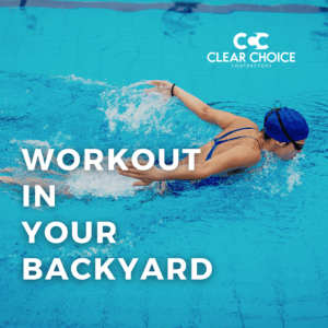woman swimming in a pool. overlaid text reads, "workout in your backyard"