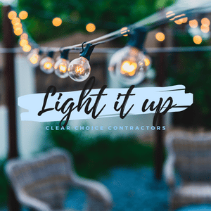 string lights over an outdoor patio. overlayed text reads, "light it up"