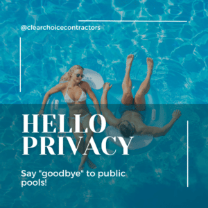 couple floating in a private pool just installed in their backyard. overlaid text reads, "hello privacy. say goodbye to public pools"