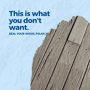 cracked wood deck planks. text reads "this is what you don't want. seal your decks, folks"