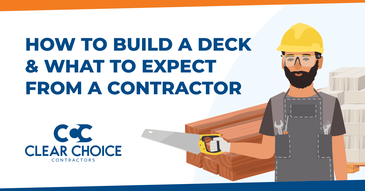 how to build a deck and what to expect from a deck contractor. cartoon image of deck contractor holding a saw.