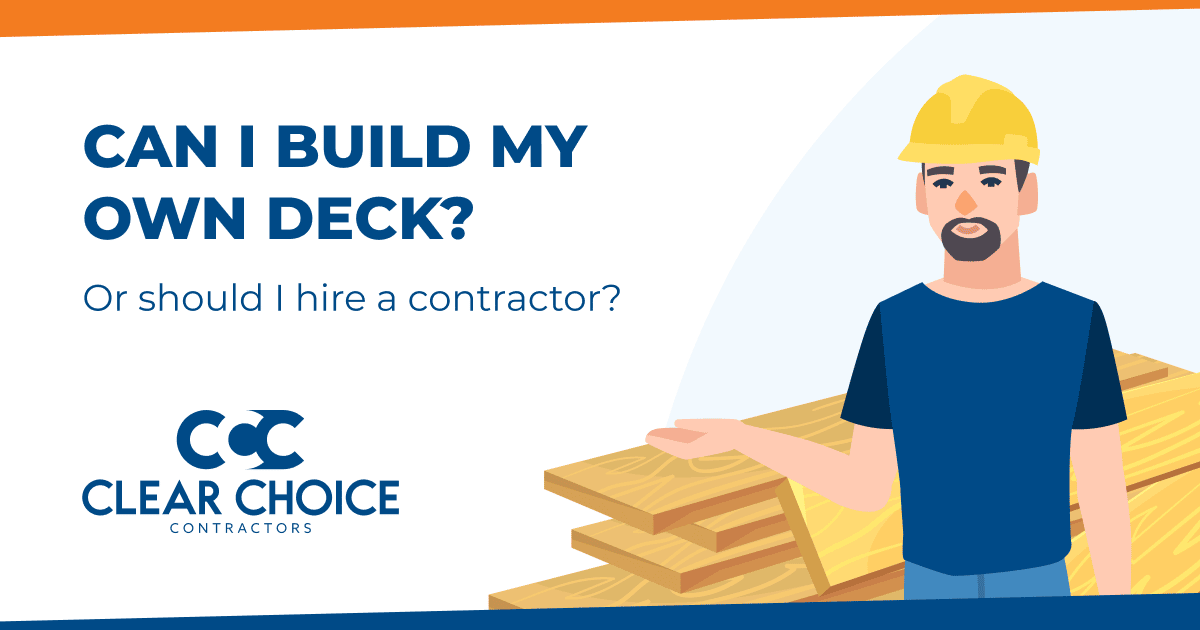 can I build my own deck, or should I hire a contractor? man wearing hardhat in front of stack of lumber.