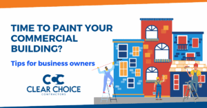 time to paint your commercial building? tips for business owners. painters working on and around three commercial buildings in a downtown type environment.